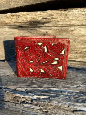 Brown Tooled Leather Bifold Wallet With Beige Inlay